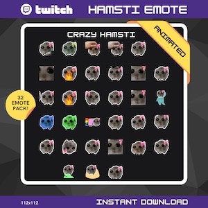 Könnte beinhalten: Ein Set mit 32 animierten Twitch-Emojis, die ein Hamster mit verschiedenen Ausdrücken und Accessoires zeigen. Die Emojis sind in einem Raster auf einem schwarzen Hintergrund angeordnet, mit dem Text "Crazy HamstI Animated" und "32 Emote Pack!" in Weiß. Der Text "HamstI Emote" ist oben im Bild in Lila und Weiß.