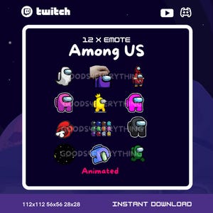 May include: A set of 12 animated Among Us character emotes for Twitch. The emotes are in various colors and include a ghost, a crewmate with a crown, and a red crewmate with a red helmet. The emotes are available in 112x112, 56x56, and 28x28 pixel sizes.