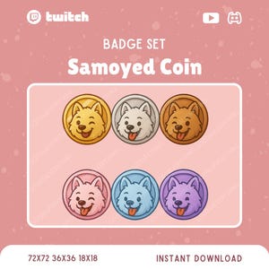 Könnte beinhalten: Ein Set mit sechs Samojeden-Hunde-Kopf-Abzeichen in verschiedenen Farben. Die Abzeichen sind rund und zeigen einen Cartoon-Samojeden mit herausgestreckter Zunge. Die Farben sind Gold, Silber, Braun, Rosa, Blau und Lila. Die Abzeichen sind in drei Größen erhältlich: 72x72 Pixel, 36x36 Pixel und 18x18 Pixel.