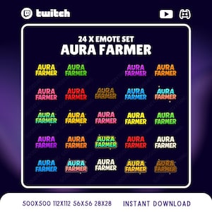 Könnte beinhalten: Ein Set mit 24 Twitch-Emojis mit dem Text "Aura Farmer" in verschiedenen Farben und Größen. Die Emojis sind in einem Raster auf einem dunklen Hintergrund angeordnet. Der Text "24 x Emote Set" und "Aura Farmer" wird oben im Bild angezeigt. Der Text "500x500 112x112 56x56 28x28 Sofort-Download" wird unten im Bild angezeigt.