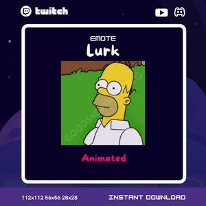 Puede incluir: Emoticono animado de Twitch con un personaje de dibujos animados amarillo con una camisa blanca, mirando hacia la derecha. El emoticono se llama "Lurk" y está disponible para descarga instantánea en varios tamaños: 112x112, 56x56, 28x28.