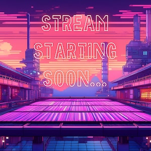Könnte beinhalten: Digital-Art-Illustration einer Stadtlandschaft in Pink- und Lilatönen. Der Text "STREAM STARTING SOON..." ist weiß dargestellt. Das Bild hat eine futuristische, von Anime inspirierte Ästhetik.
