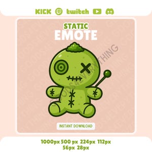 Op de afbeelding: Een groene voodoo pop statische emote met zwarte gestikte details, een kruis voor een oog en een speld. De tekst "STATIC EMOTE" staat boven de pop en "INSTANT DOWNLOAD" eronder. De afbeelding staat op een roze achtergrond.