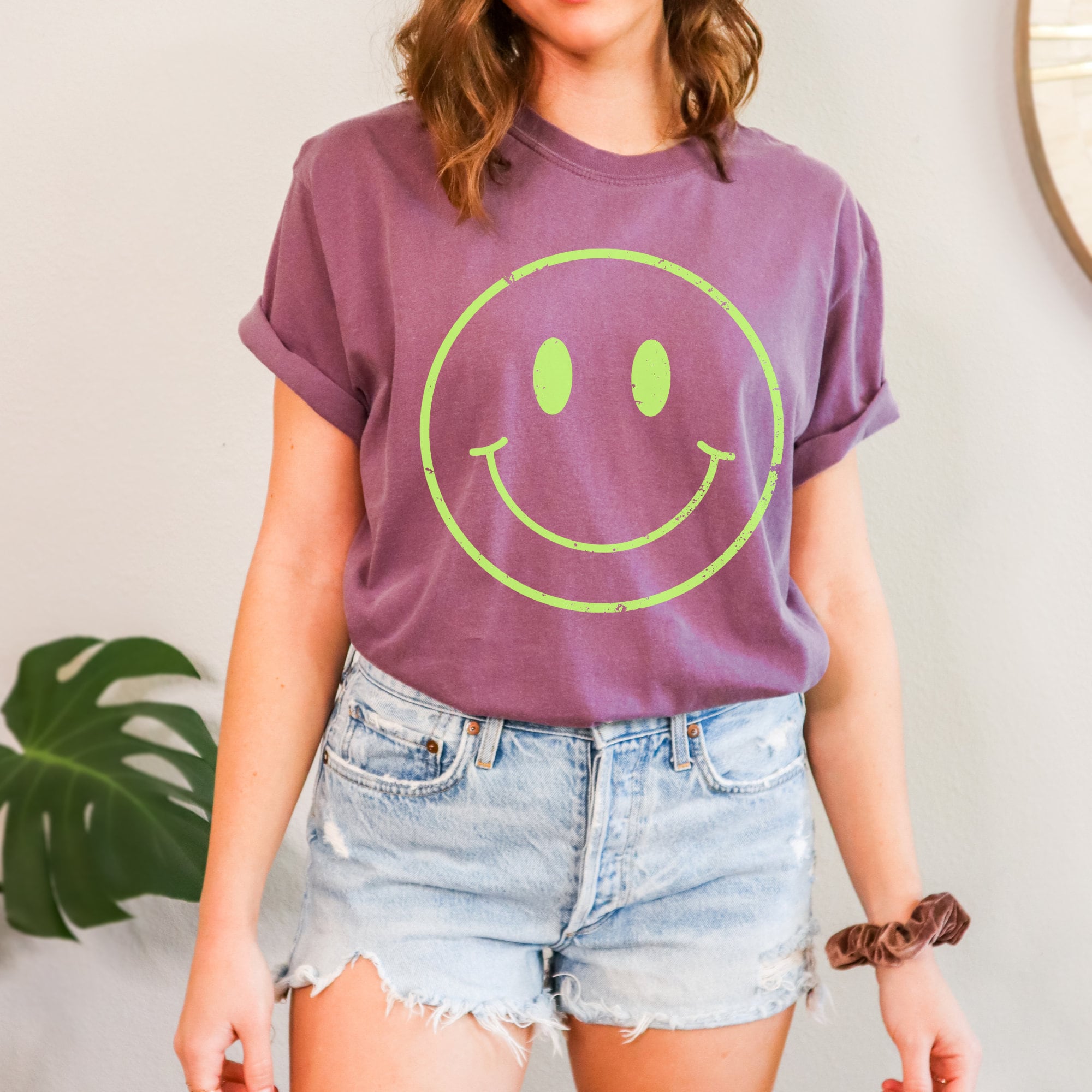 Distressed Neon Smiley Face Tee, Be Happy Shirt, Large Smiley Face