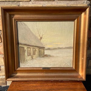 Oil on canvas &quot;Winter evening behind the house&quot;, Danish painter Wiliam Henriksen (1880-1964), Denmark 1930s