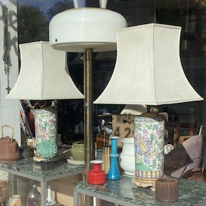 A pair beautiful Chinese table lamps with bright fabric shades, China 1980s