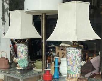 A pair beautiful Chinese table lamps with bright fabric shades, China 1980s