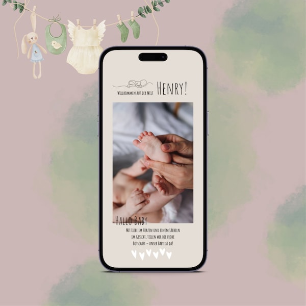 Anuncio de nacimiento con tarjeta electrónica | Tarjeta Digital WhatsApp Hola Bebé, en el Mundo | La tarjeta de nacimiento personalizada se puede diseñar individualmente