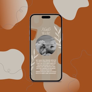 Anuncio de nacimiento con tarjeta electrónica | Tarjeta Digital WhatsApp Hola Bebé, en el Mundo | La tarjeta de nacimiento personalizada se puede diseñar individualmente