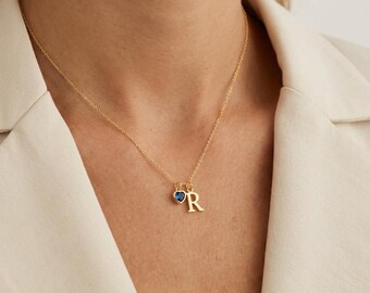 Custom Initial Necklace with Birthstone Heart, Personalized Letter Necklace, Gold Name Jewelery for Women