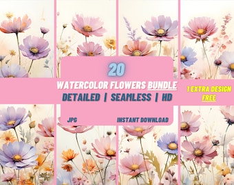 Aquarel Bloemen Bundel DIGITAAL PAPIER NAADLOOS Pastel Roze Paars Lente Weide Bloemmotief Wallpaper Achtergrond Scrapbooking DiY