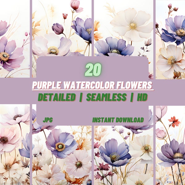 Purple Watercolor Wildflowers Digital Paper Watercolor Floral Patterns Botanical Digital Paper Nature-Inspired Digital Paper