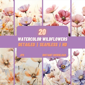 Paquete de flores silvestres de acuarela PAPEL DIGITAL INCONSÚTIL Botánico Floral Naturaleza País Rústico Patrón Papel tapiz Fondo Scrapbooking DiY