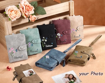 Personalized Women's Leather Wallet Custom Birthday Flower Name Photo Wallet Gift for Her Women’s Handmade Wallet,Gifts for Mom