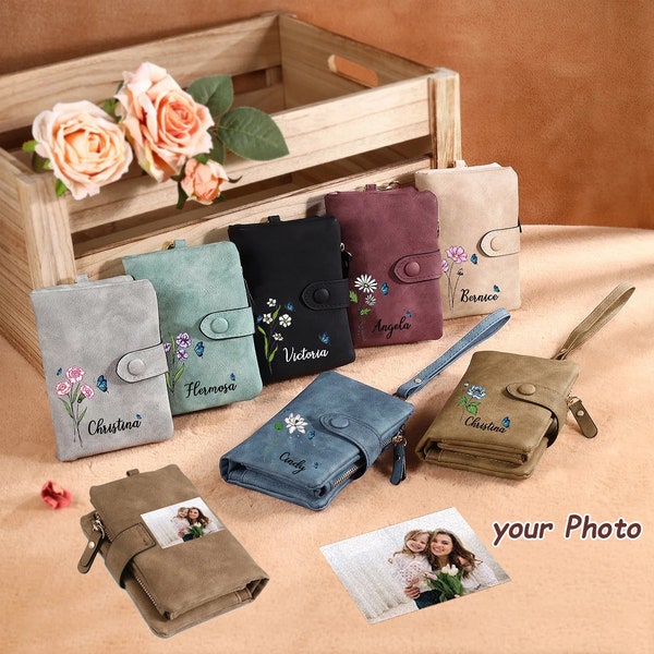 Personalisierte Damen Leder Brieftasche Benutzerdefinierte Geburtstag Blumenname Foto Brieftasche Geschenk für ihre Frauen handgefertigte Brieftasche, Geschenke für Mama