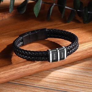 Pulsera de cuentas personalizada Pulsera personalizada para hombre con 1 a 5 nombres grabados Regalo personalizado para él Pulsera de cuero para hombre Regalo del día del padre