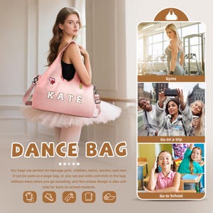 May include: A pink dance bag with the name "KATE" in white letters. The bag has a shoulder strap and a heart-shaped patch. The image also includes text that says "DANCE BAG".