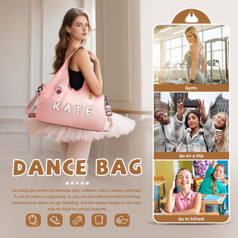 May include: A pink dance bag with the name "KATE" in white letters. The bag has a shoulder strap and a heart-shaped patch. The image also includes text that says "DANCE BAG".