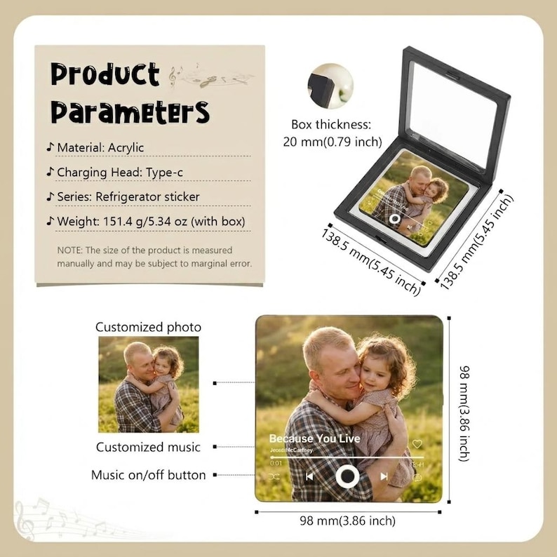 May include: A square acrylic refrigerator sticker featuring a customized photo of an adult and child. The frame measures 5.45 inches by 5.45 inches with a 0.79 inch thickness. It includes a Type-C charging port and a music on/off button.