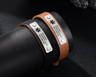 Custom Medical Alert Bracelet For Men - Engraved Leather & Steel Bracelet - Emergency Contact SOS Medic ID Jewelry