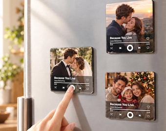 May include: Three square refrigerator magnets featuring custom photo prints designed to look like music player interfaces. Each magnet displays the song title Because You Live by Jesse McCartney with playback controls and a progress bar.