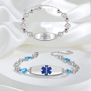Personalized Medical Bracelet for Women,Medical Jewelry,Gemstone Engraved ID Gifts for Epilepsy, Diabetes & Allergies for Mom