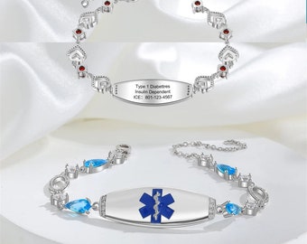Pulsera médica personalizada para mujeres, joyería médica, regalos de identificación grabados con piedras preciosas para epilepsia, diabetes y alergias para mamá