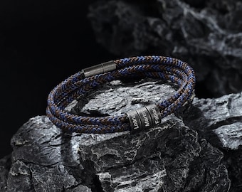 Herren Vintage Seil Perlen Armband - Benutzerdefinierte Familiennamen Armband für Papa - Papa Armband mit Kindernamen, Vatertagsgeschenke