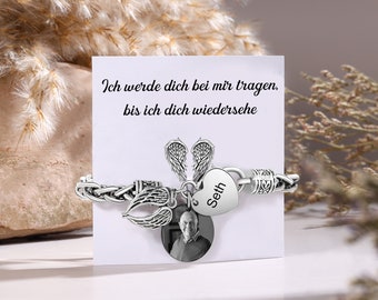 Pulsera con foto conmemorativa, regalo de condolencias con alas de ángel, pulsera personalizada con foto y nombre para recordar a mamá o papá, joyería de recuerdo, regalo con alas de ángel