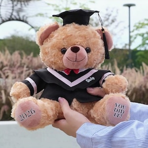 Può includere: Un orsacchiotto di peluche marrone chiaro con cappello e toga di laurea. L'orso ha cappello e toga neri, un papillon rosso e l'anno "2026" su una zampa. L'altra zampa dice "YOU DID IT!"