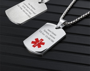 Personalized Medical ID Necklace for Mens,Engravings front and back Sides,Medical Alert ID Necklace,Emergency Alert Pendant Necklace For Him