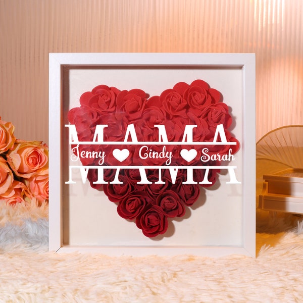 Caja de sombra de flores personalizada, nombre personalizado y texto, marco de rosa y corazón, decoraciones, regalo del Día de la madre para ella