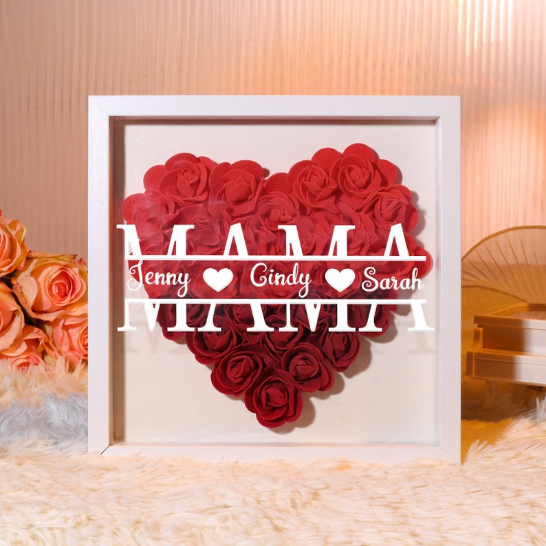 Customized Flower Shadow Box Mother's Day Gift for Grandma, Mom, Nana, Mimi with Personalized Kids Names Red