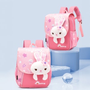 Sac à dos noir personnalisé avec nom brodé pour enfants, lapin rose, sac de voyage personnalisé cartable pour enfants
