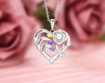 Personalized Mother Rose Necklace S925 Sterling Silver 1-4 Stone Engraved Name Birthstone Intertwined Heart Pendant Gifts For Mom