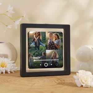 May include: A square black floating frame containing a collage of four photographs featuring couples in outdoor settings. The center of the collage displays a music player interface with the text Beautiful and Giulio Cesare.
