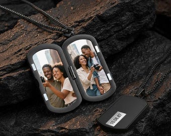 Personalisierte Foto Locket Halskette für Männer, Memory Foto Anhänger mit Text, Paar Foto Halskette, Geschenk für Freund Mann Papa
