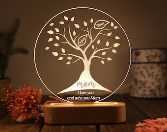 Personalized Family Tree Night Light Engraved 2-8 Names Wooden LED Lamp Custom Night Light Gift for Mom