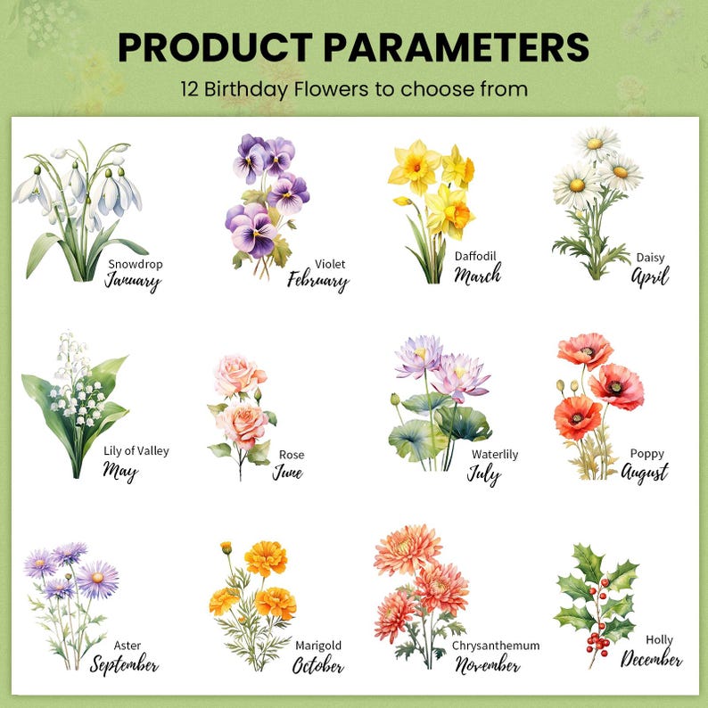 May include: A watercolor illustration of 12 different flowers, each representing a month of the year. The flowers include snowdrops, violets, daffodils, daisies, lily of the valley, roses, waterlilies, poppies, asters, marigolds, chrysanthemums, and holly.