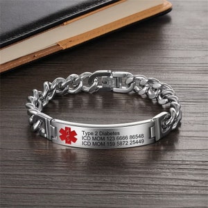Aangepaste medische waarschuwingsarmband voor mannen - gepersonaliseerde gegraveerde ID-armband voor epilepsie, diabetes, allergieën, autisme - noodcadeau voor papa