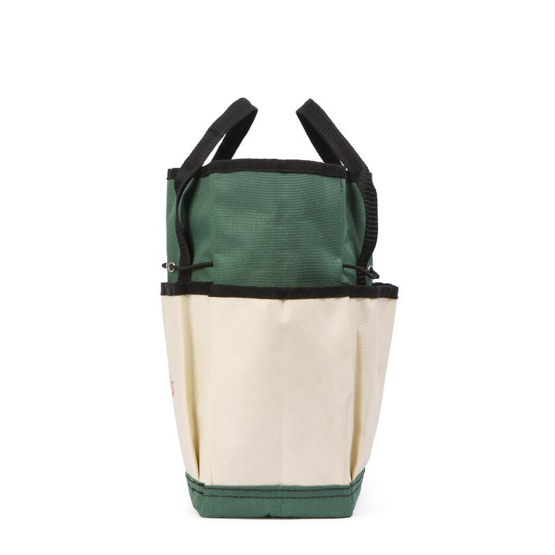 May include: A two-tone tote bag with a green top section and a cream-colored bottom section. The bag has black handles and trim. The bag is designed with a drawstring closure and a small pocket on the side. The bag is made of a durable canvas material.