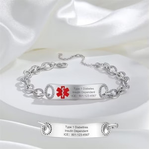 Bracelet d'alerte médicale personnalisé pour femme - Recto et verso gravables - Accent de diamants - Identification d'urgence - Bijoux médicaux