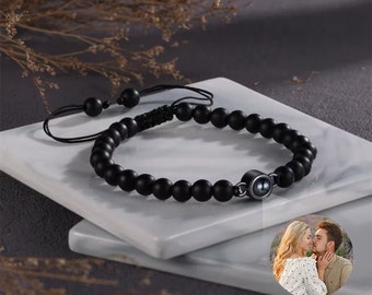 Personalized Projection Photo Bracelet - Black Lava Stone Beaded Bracelet for Men Women - Gift for Dad Boyfrineds Husband