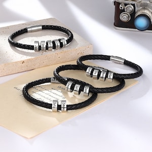 Pulsera de cuero personalizada para hombres, pulsera personalizada con nombre de cuentas, pulsera con nombre de familia, regalos para papá, regalos para marido, regalo del Día del Padre