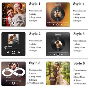 May include: A collection of six square custom acrylic plaques featuring various music player interface designs. Each plaque displays a personal photograph, song title, artist name, and playback controls. Style 3 includes an infinity symbol.