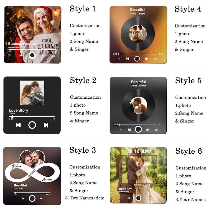 May include: A collection of six square custom acrylic plaques featuring various music player interface designs. Each plaque displays a personal photograph, song title, artist name, and playback controls. Style 3 includes an infinity symbol.