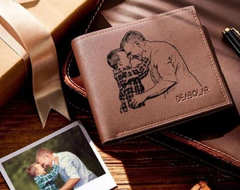 Custom Photo Mens Wallet with Gift Box,Personalized Engraved Picture Wallet,PU Leather Fathers Day Gift for Dad For Him