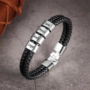 Gepersonaliseerde leren herenarmband met aangepaste familienamen gegraveerde kralen Twee lagen armband Cadeau voor vader, hem, vriend