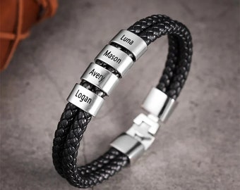 Personalized Men Leather Bracelet with Custom Family Names Engraved Beads Two Layers Bracelet Gift for Dad, Him, Boyfriend