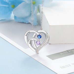 Colar personalizado de prata esterlina S925 para mãe, com pedras gravadas, nomes, pedra de nascimento, pingente de coração entrelaçado para mãe